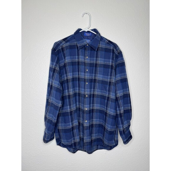 Vintage Pendleton Shirt Men's Large Pure Virgin Wool Blue Plaid USA Mexico VTG - Picture 1 of 16